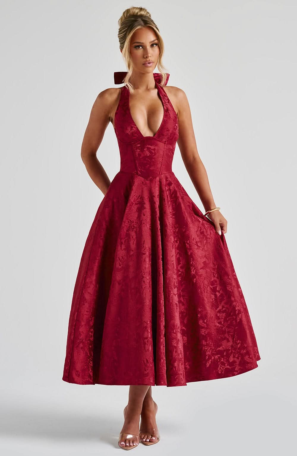 Jacquard Floral Halter Plunging V Corset Bodice Fit and Flare Midi Dress