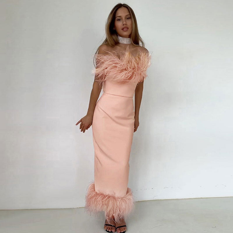 Strapless Feather Trim Waist Seam Bodycon Midi Dress