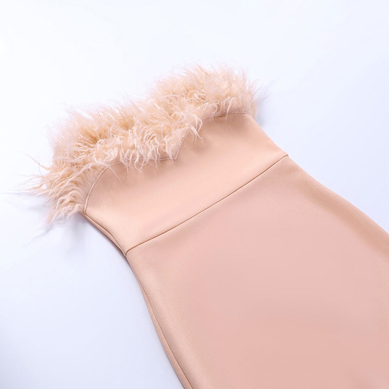 Strapless Feather Trim Waist Seam Bodycon Midi Dress