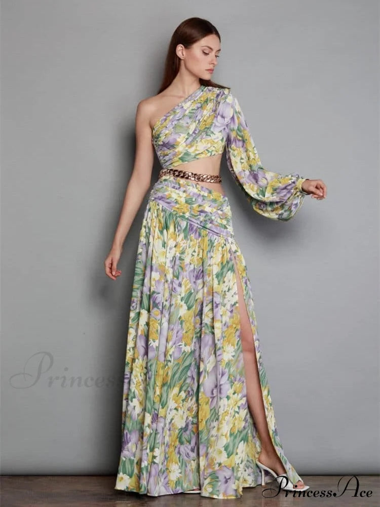 Elegant Floral Irregular Cut Out Long Sleeve Dress