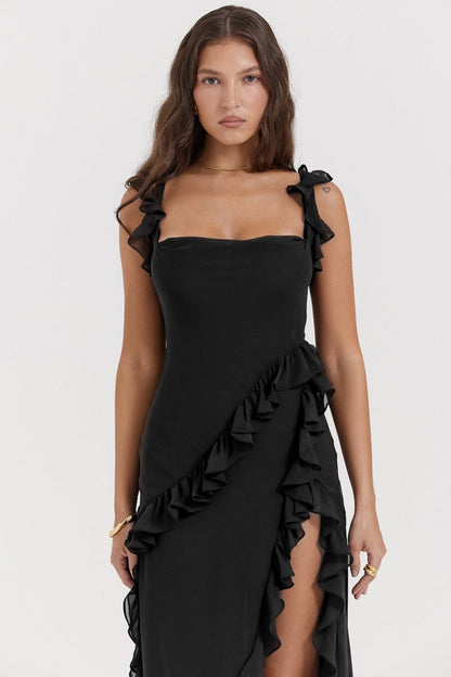 Square Neck Ruffle Strap Diagonal Ruffle Detail High Slit Maxi Dress