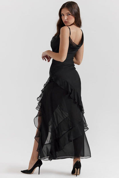 Square Neck Ruffle Strap Diagonal Ruffle Detail High Slit Maxi Dress