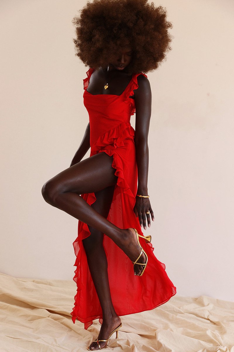 Square Neck Ruffle Strap Diagonal Ruffle Detail High Slit Maxi Dress