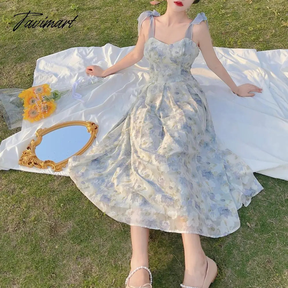 Elegant Long Flower Strap Dress Women Vintage Sweet Print Korean Slip Fairy Dress Casual Calssy Party Princess Dress Summer