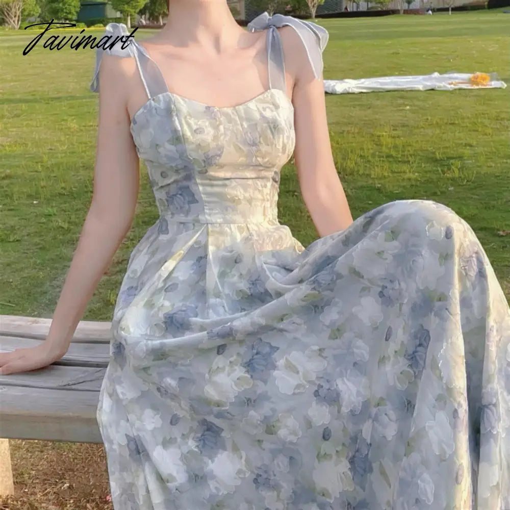 Elegant Long Flower Strap Dress Women Vintage Sweet Print Korean Slip Fairy Dress Casual Calssy Party Princess Dress Summer