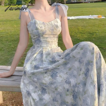 Elegant Long Flower Strap Dress Women Vintage Sweet Print Korean Slip Fairy Dress Casual Calssy Party Princess Dress Summer