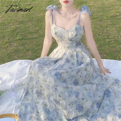Elegant Long Flower Strap Dress Women Vintage Sweet Print Korean Slip Fairy Dress Casual Calssy Party Princess Dress Summer