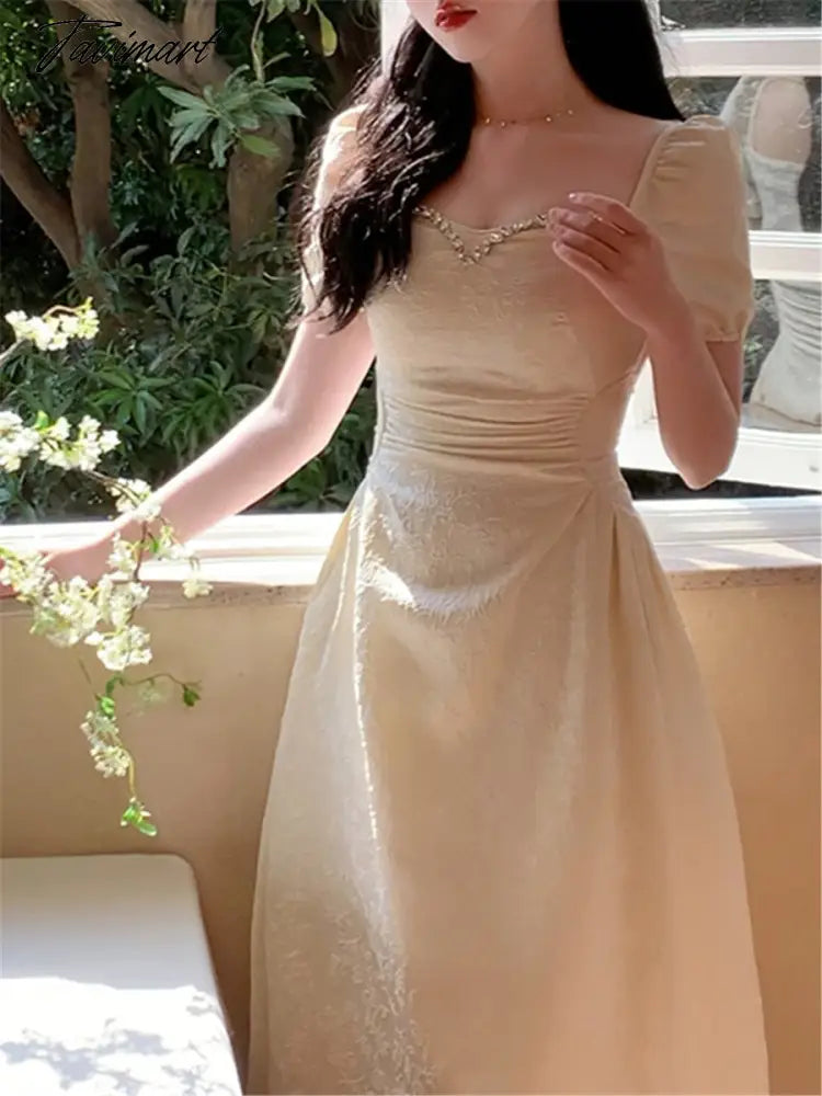 Elegant Midi Dresses Women Summer New Fashion Vintage Princess Evening Party A Line Korean Clothes Vestdios Female Dress
