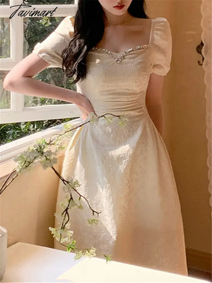 Elegant Midi Dresses Women Summer New Fashion Vintage Princess Evening Party A Line Korean Clothes Vestdios Female Dress