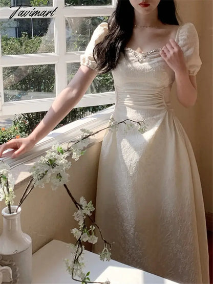 Elegant Midi Dresses Women Summer New Fashion Vintage Princess Evening Party A Line Korean Clothes Vestdios Female Dress