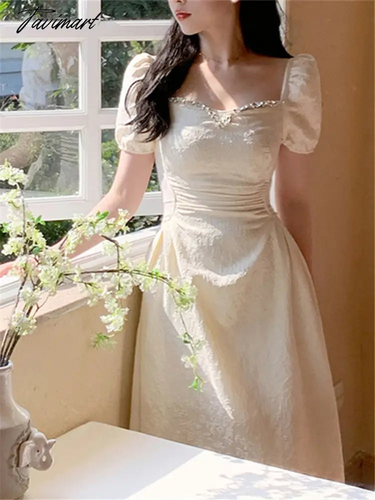 Elegant Midi Dresses Women Summer New Fashion Vintage Princess Evening Party A Line Korean Clothes Vestdios Female Dress