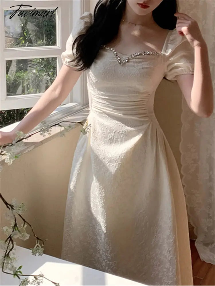 Elegant Midi Dresses Women Summer New Fashion Vintage Princess Evening Party A Line Korean Clothes Vestdios Female Dress