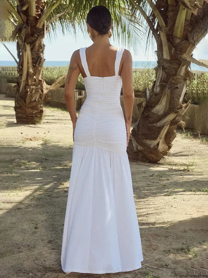 Elegant Pleated A-line Maxi Vacation Dress