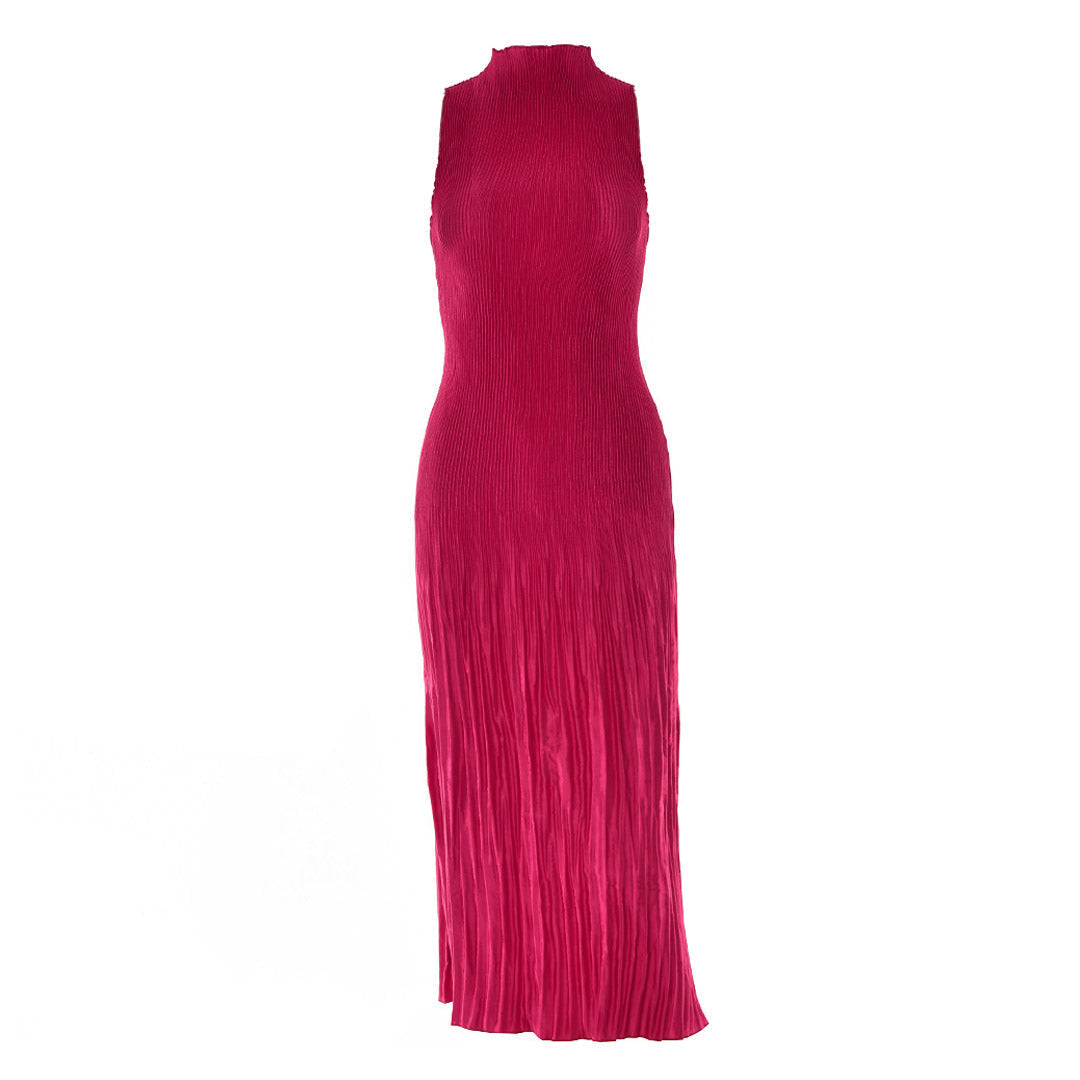Vertical Pleated High Neck Sleeveless Bodycon Midi Dress