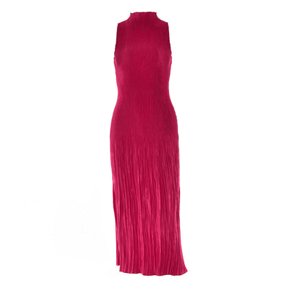 Vertical Pleated High Neck Sleeveless Bodycon Midi Dress