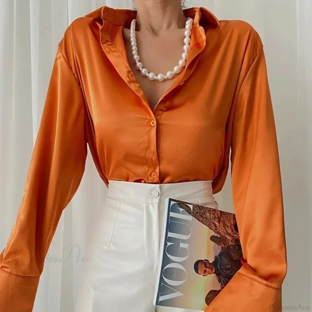 Elegant Satin Blue Long Sleeve Vintage Blouse