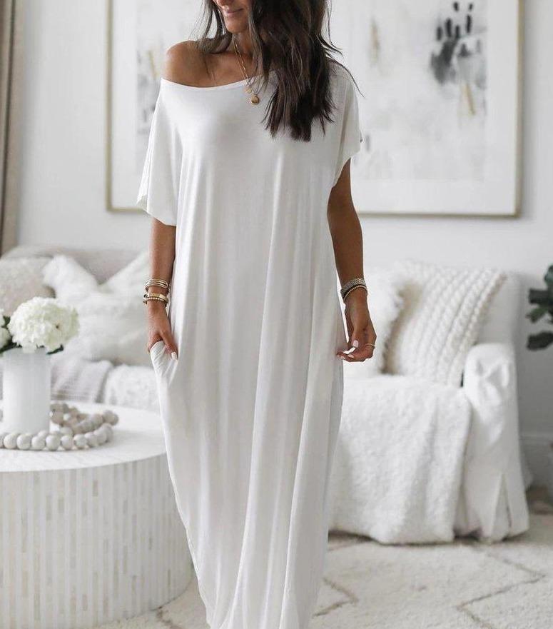 Boat Neck Dolman Sleeve Oversized Pocket Maxi Shirt Dress