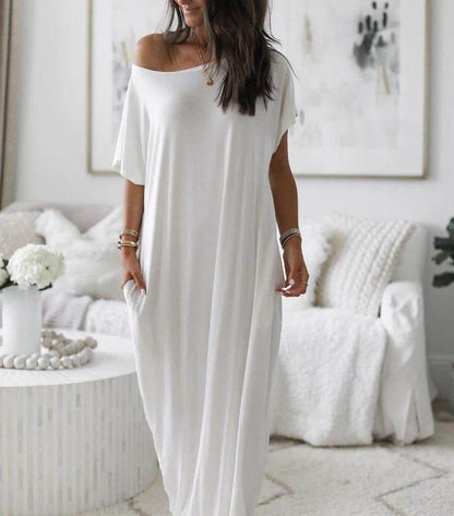 Boat Neck Dolman Sleeve Oversized Pocket Maxi Shirt Dress