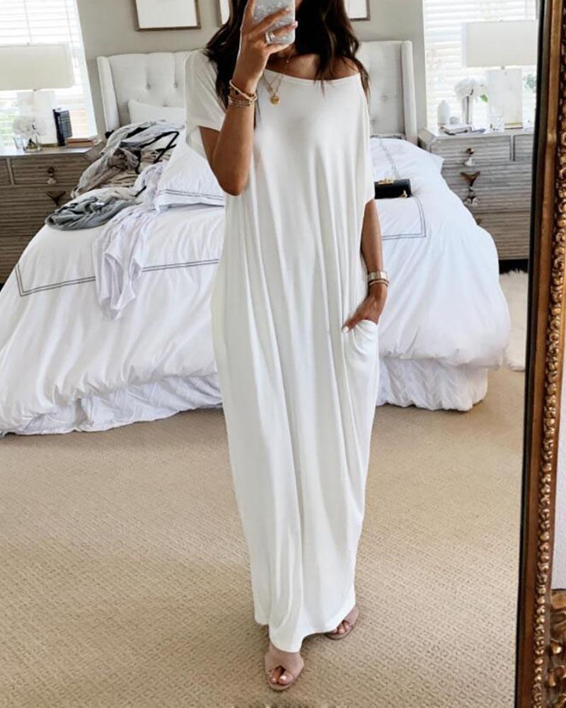 Boat Neck Dolman Sleeve Oversized Pocket Maxi Shirt Dress