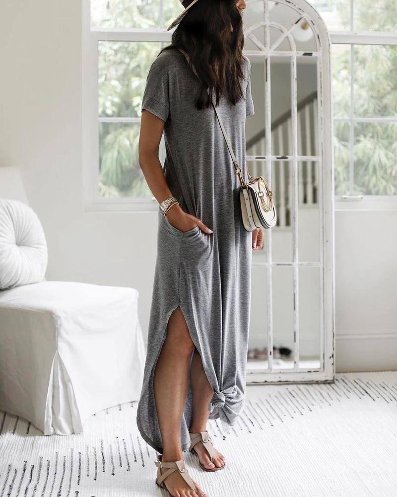 Boat Neck Dolman Sleeve Oversized Pocket Maxi Shirt Dress