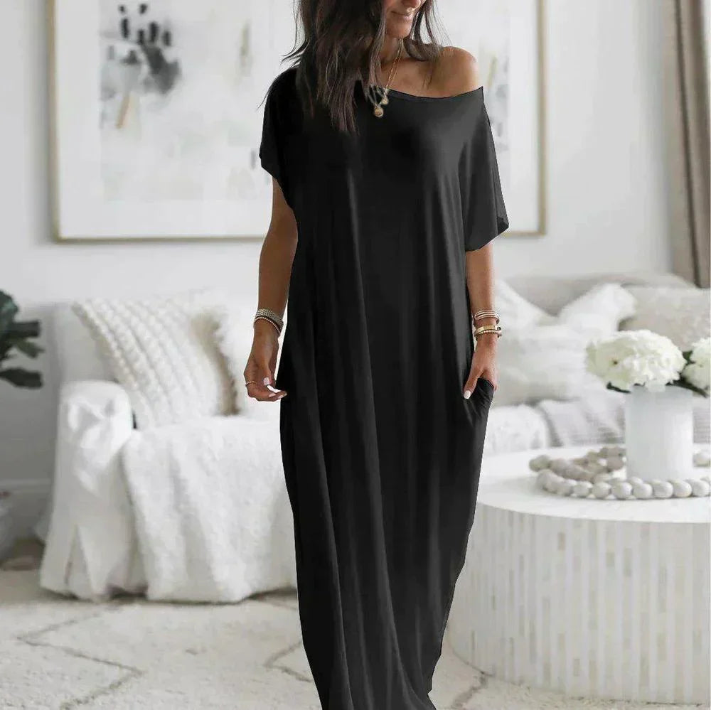 Boat Neck Dolman Sleeve Oversized Pocket Maxi Shirt Dress