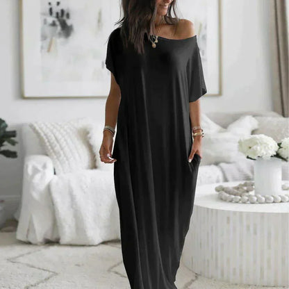 Boat Neck Dolman Sleeve Oversized Pocket Maxi Shirt Dress