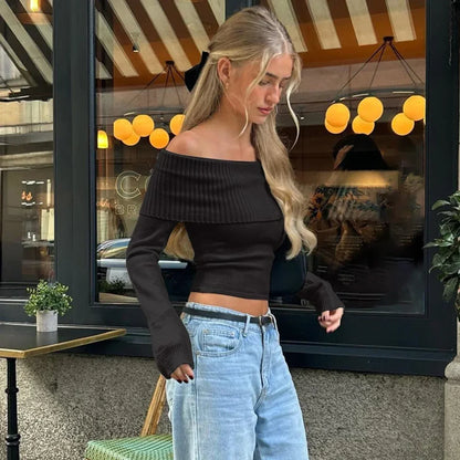 Elegant Slash-neck Ribbed Crop Top Sweater