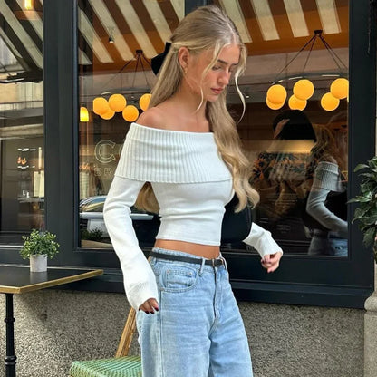 Elegant Slash-neck Ribbed Crop Top Sweater