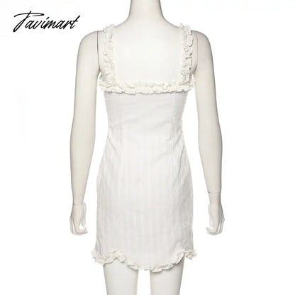 Elegant White Sleeveless Suspender Frilly Girlish Style Mini Dress Romantic Twill Neckline Wrap Hip Skirt Women's Holiday Outfit
