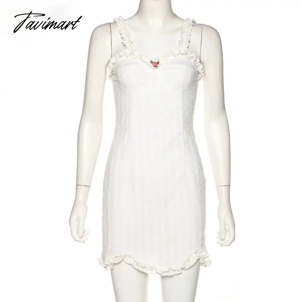 Elegant White Sleeveless Suspender Frilly Girlish Style Mini Dress Romantic Twill Neckline Wrap Hip Skirt Women's Holiday Outfit
