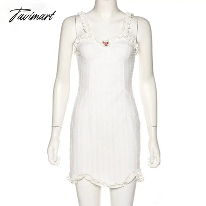 Elegant White Sleeveless Suspender Frilly Girlish Style Mini Dress Romantic Twill Neckline Wrap Hip Skirt Women's Holiday Outfit