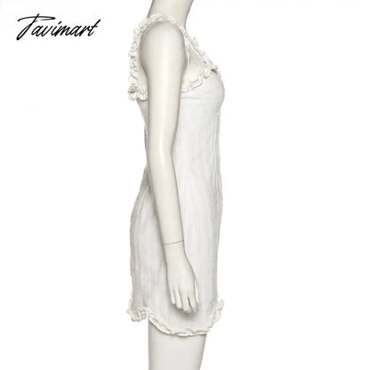 Elegant White Sleeveless Suspender Frilly Girlish Style Mini Dress Romantic Twill Neckline Wrap Hip Skirt Women's Holiday Outfit