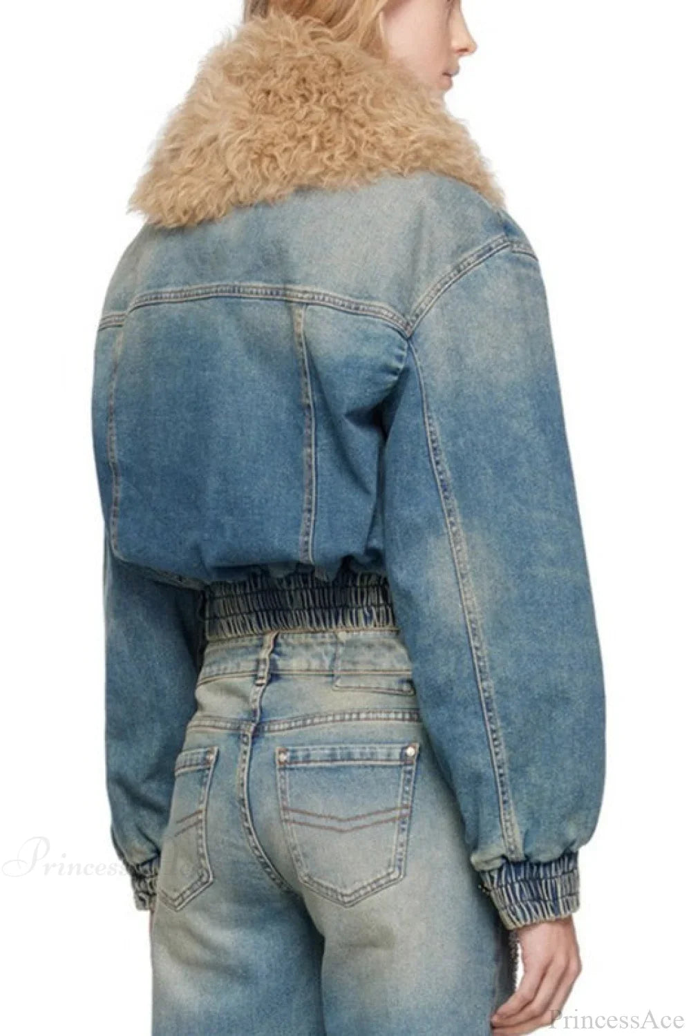 Elegant Zip Short Fur Collar Quilted Denim Jacket