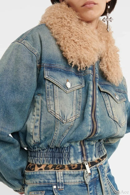 Elegant Zip Short Fur Collar Quilted Denim Jacket