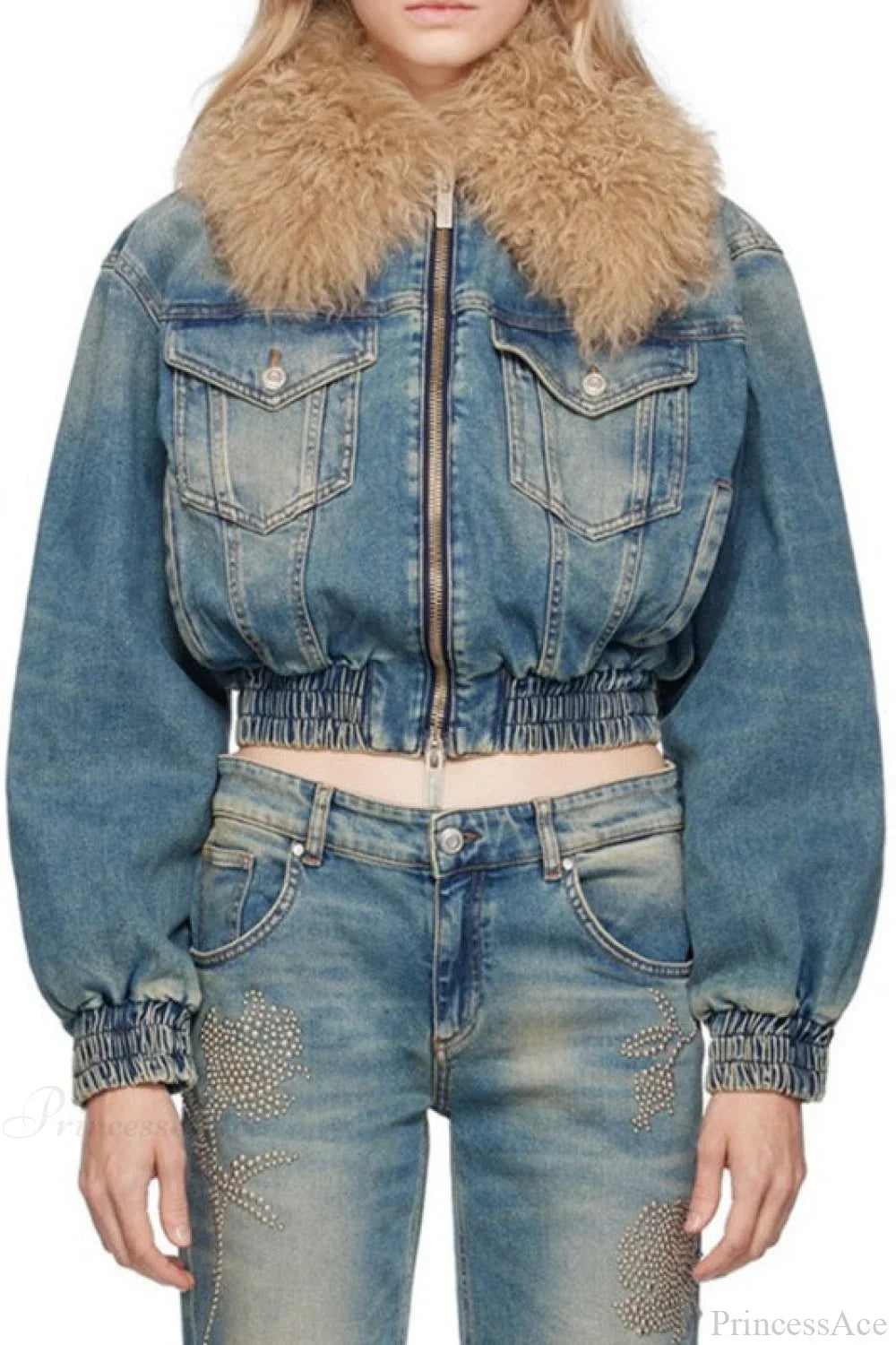 Elegant Zip Short Fur Collar Quilted Denim Jacket