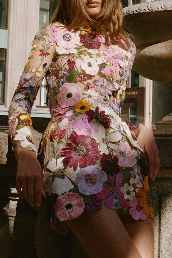 Elegantly Enchanted Floral Applique Backless Long Sleeve Mini Dress