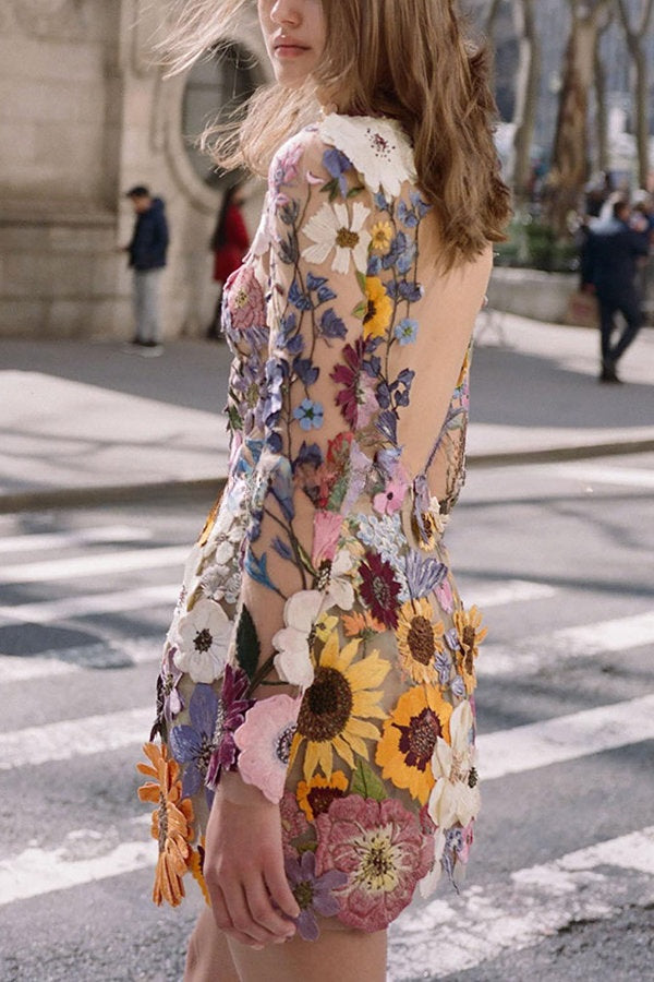 Elegantly Enchanted Floral Applique Backless Long Sleeve Mini Dress