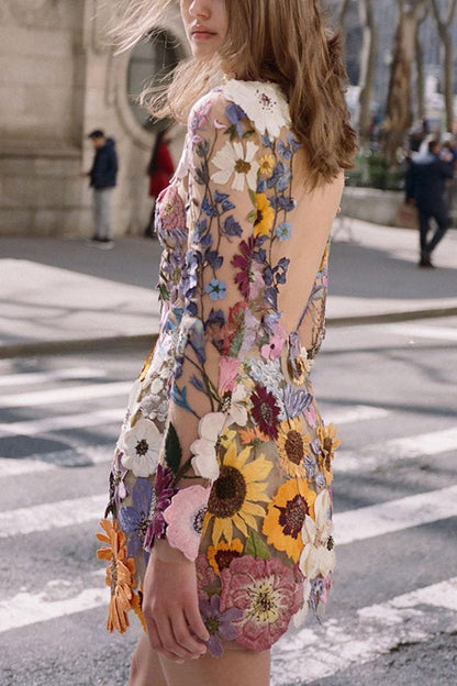 Elegantly Enchanted Floral Applique Backless Long Sleeve Mini Dress