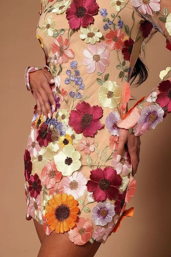 Elegantly Enchanted Floral Applique Backless Long Sleeve Mini Dress