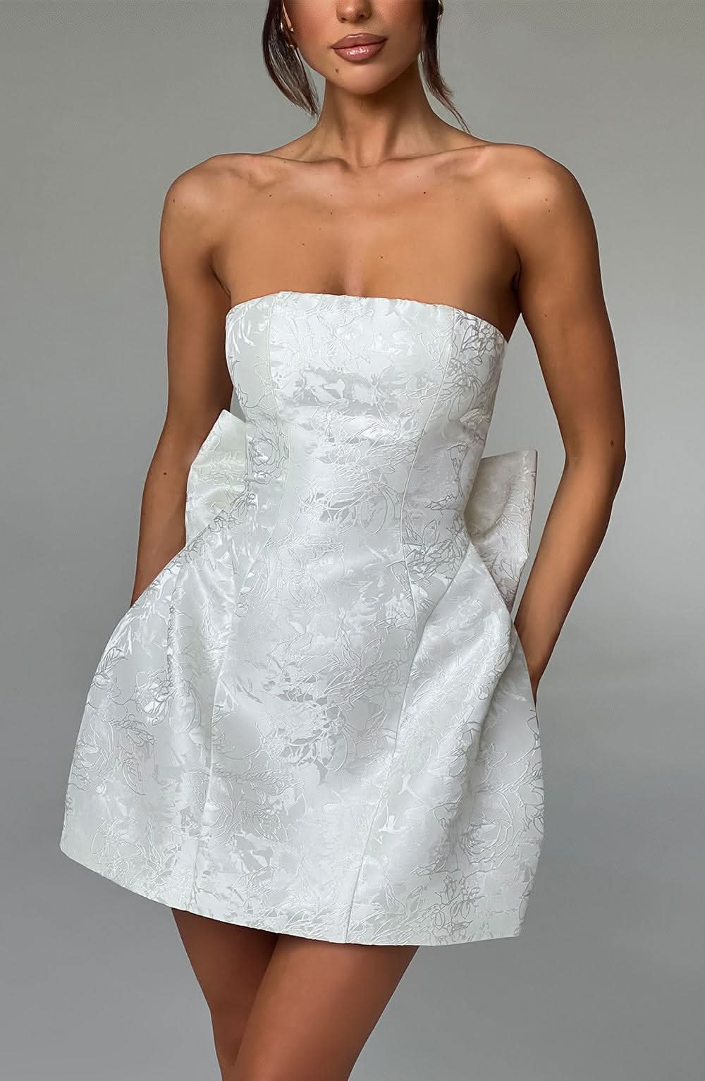Floral Jacquard Strapless Structured Bow Back Fit and Flare Mini Dress
