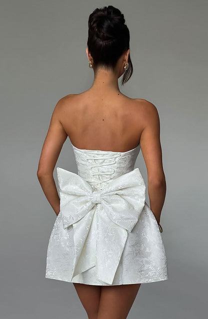 Floral Jacquard Strapless Structured Bow Back Fit and Flare Mini Dress