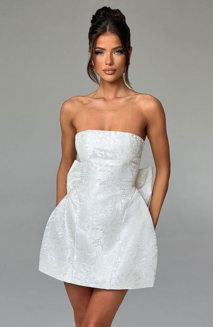 Floral Jacquard Strapless Structured Bow Back Fit and Flare Mini Dress