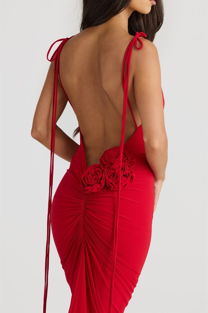 Backless Ribbon Tie Strap Floral Applique Ruched Mermaid Maxi Dress