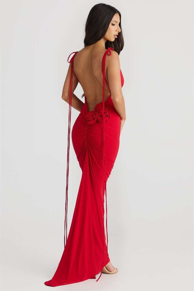 Backless Ribbon Tie Strap Floral Applique Ruched Mermaid Maxi Dress