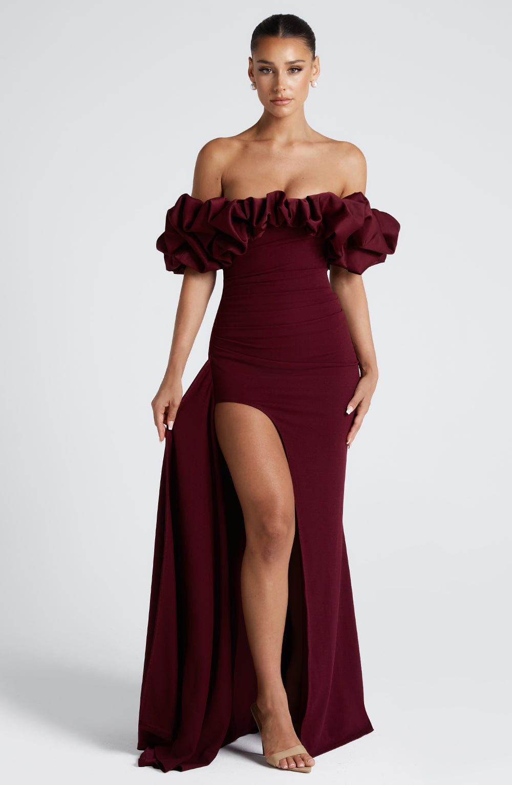 Off Shoulder Oversized Ruffle Sleeve High Slit Bodycon Maxi Gown
