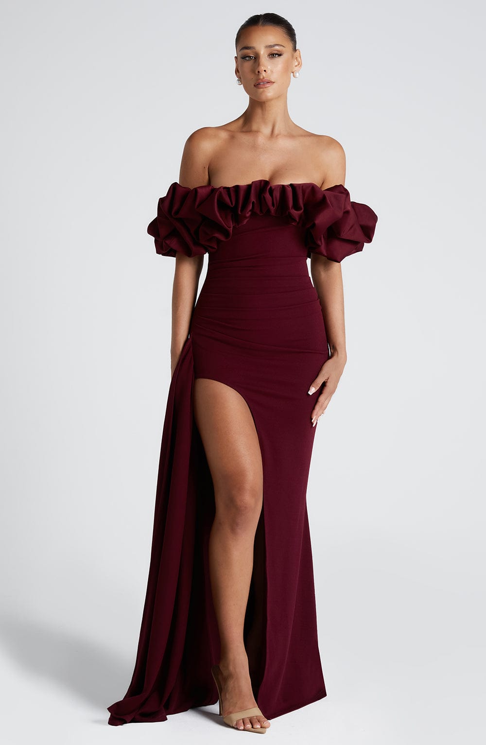 Off Shoulder Oversized Ruffle Sleeve High Slit Bodycon Maxi Gown
