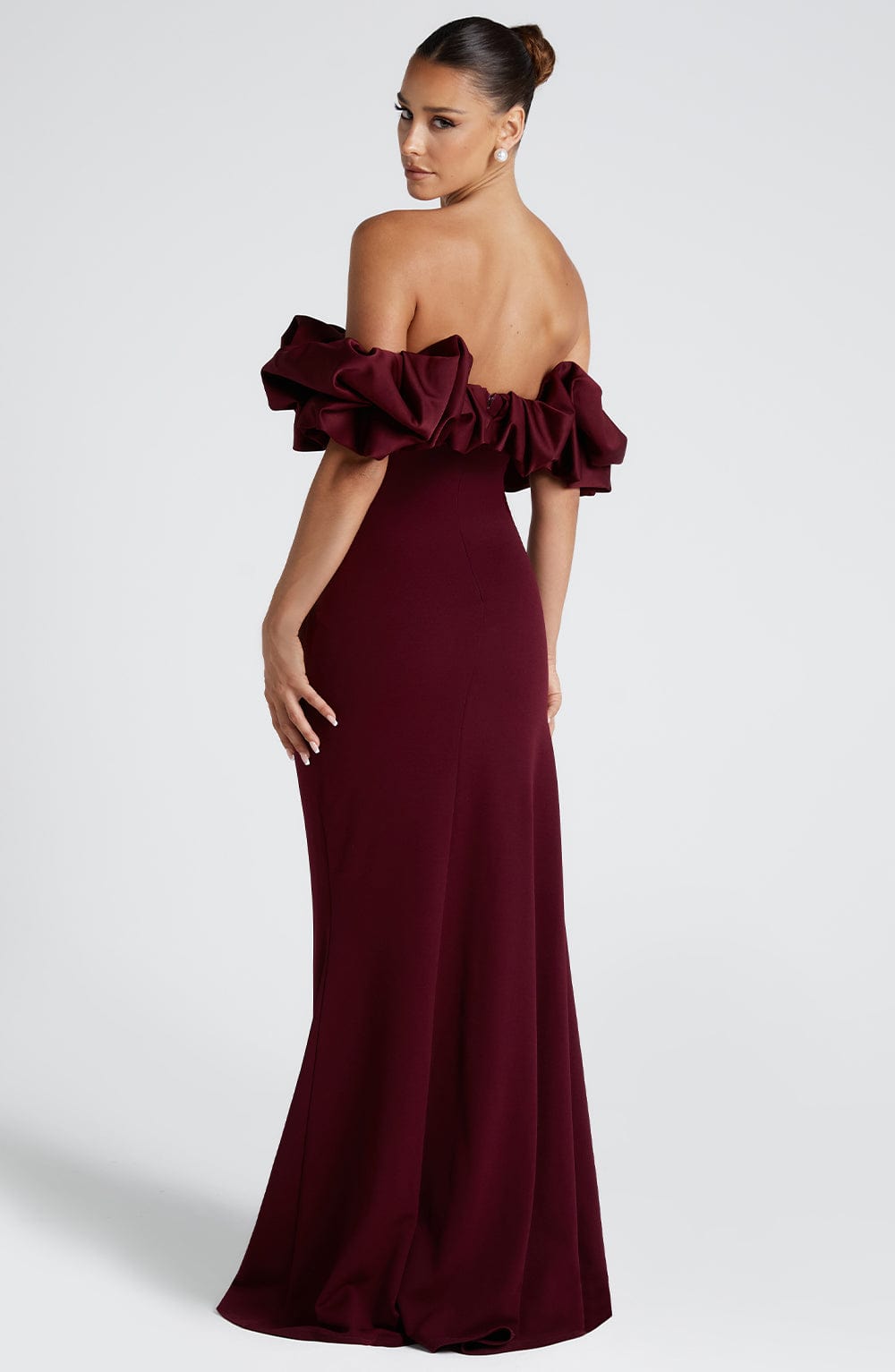 Off Shoulder Oversized Ruffle Sleeve High Slit Bodycon Maxi Gown