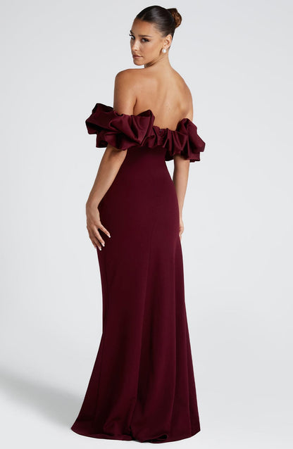 Off Shoulder Oversized Ruffle Sleeve High Slit Bodycon Maxi Gown