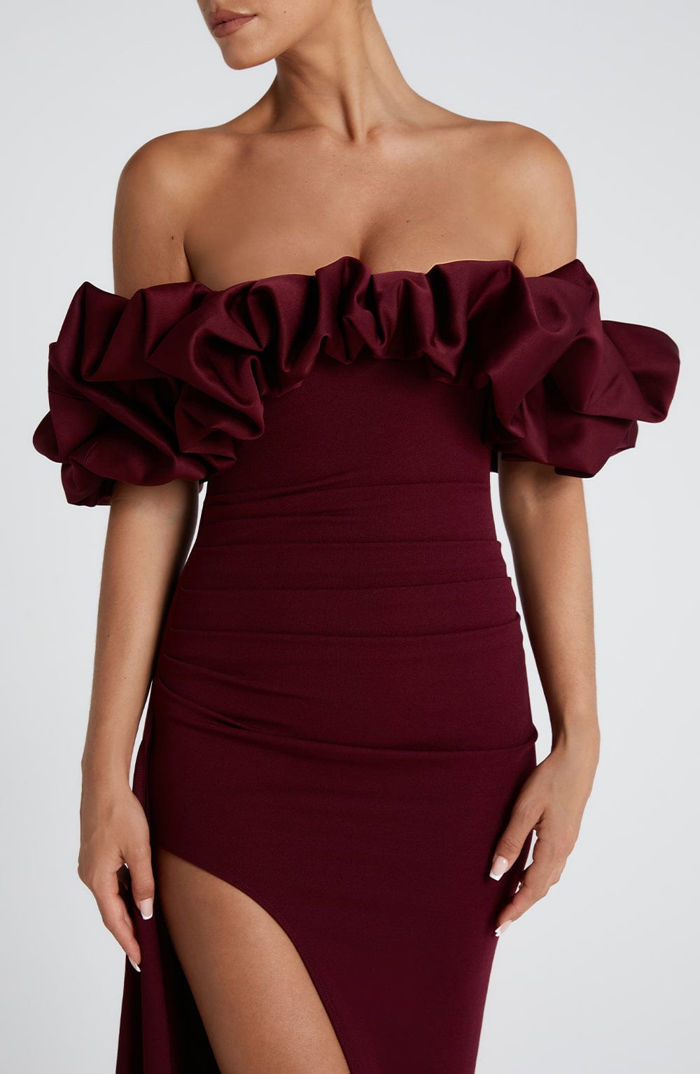 Off Shoulder Oversized Ruffle Sleeve High Slit Bodycon Maxi Gown