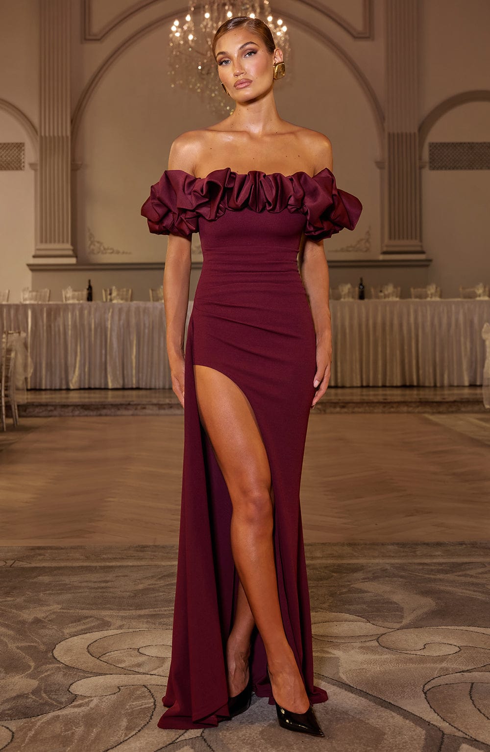 Off Shoulder Oversized Ruffle Sleeve High Slit Bodycon Maxi Gown
